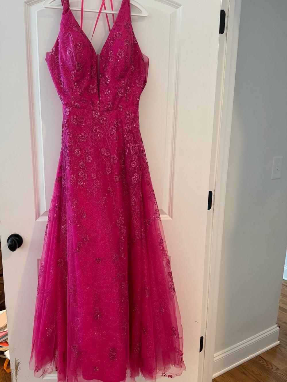 Fuchsia Beaded Tulle Evening Gown